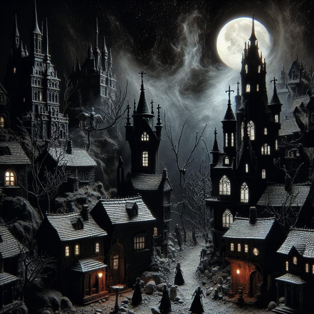 Miniature Horror Village in Gothic Revival Style