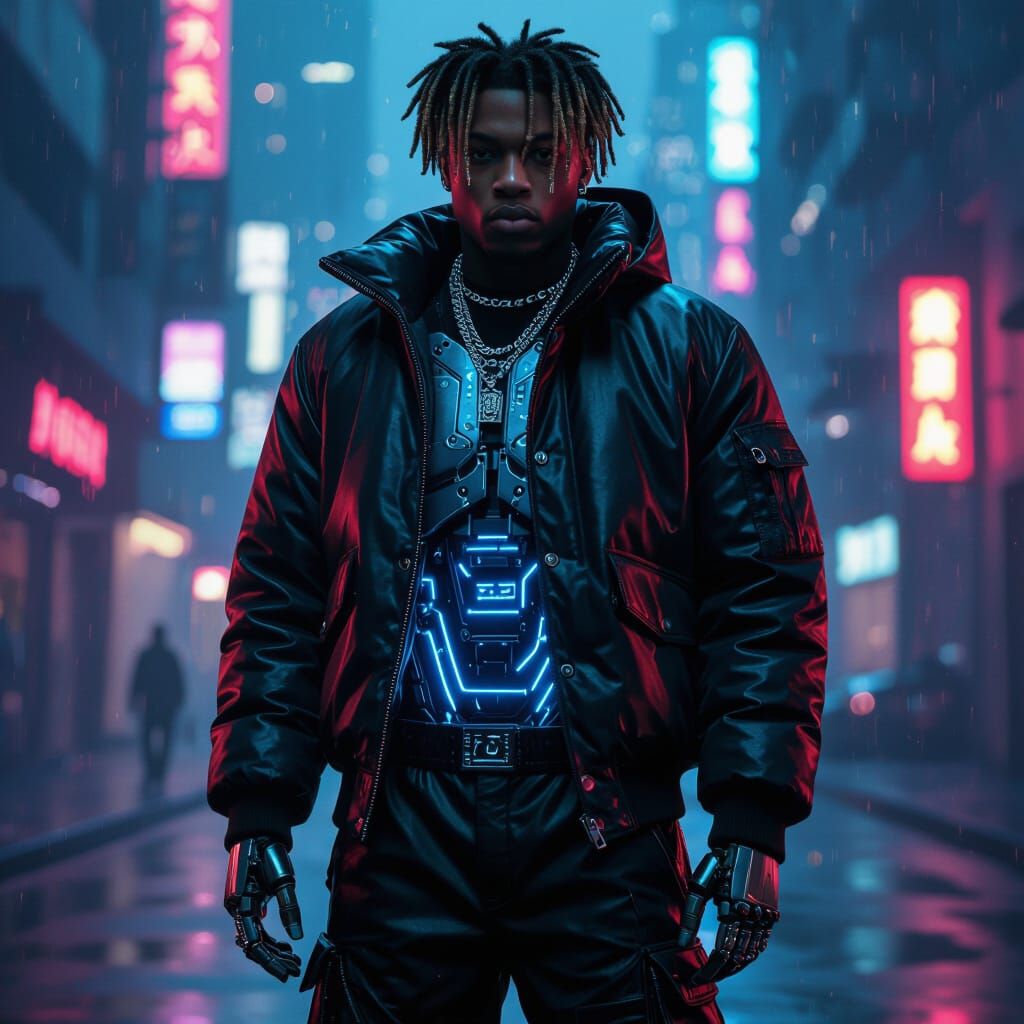 Juice WRLD as a Cybernetic Figure in Neon Cityscape