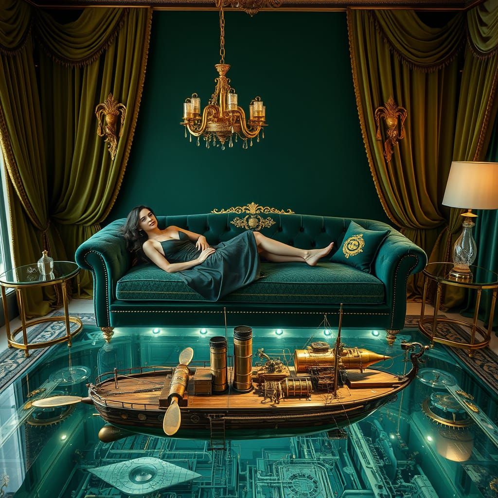 Luxurious Futuristic Living Room with Steampunk Flying Ship