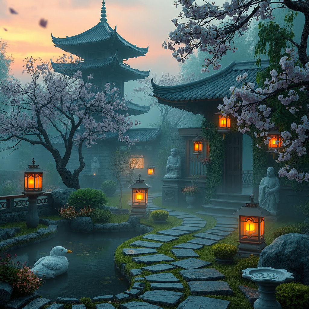 Mystical Twilight Garden with Glowing Lanterns