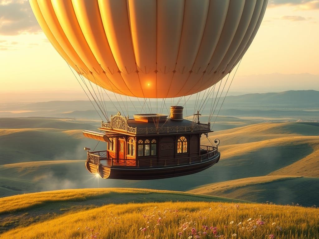 Dreamy Houseboat Sails Above Lush Grasslands