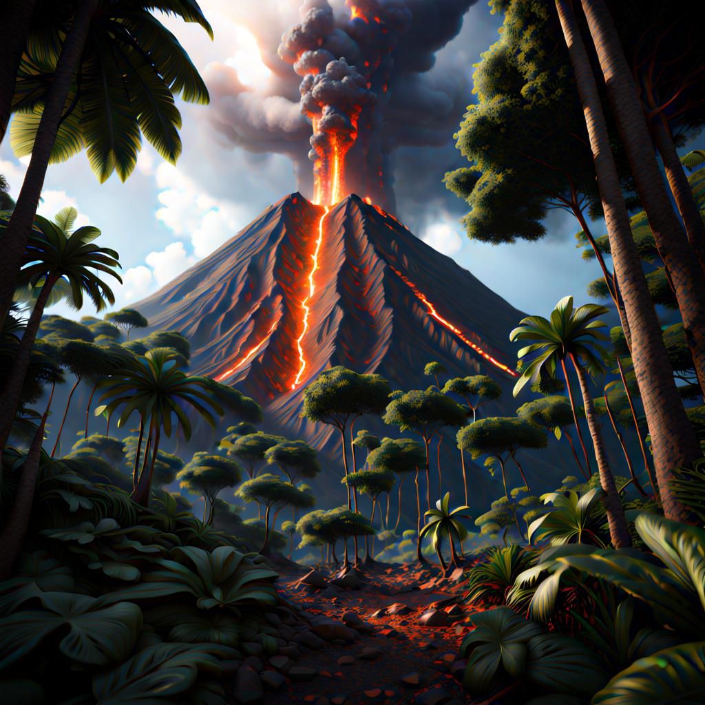 Volcano Eruption in Jungle: Hyperrealistic Digital Art
