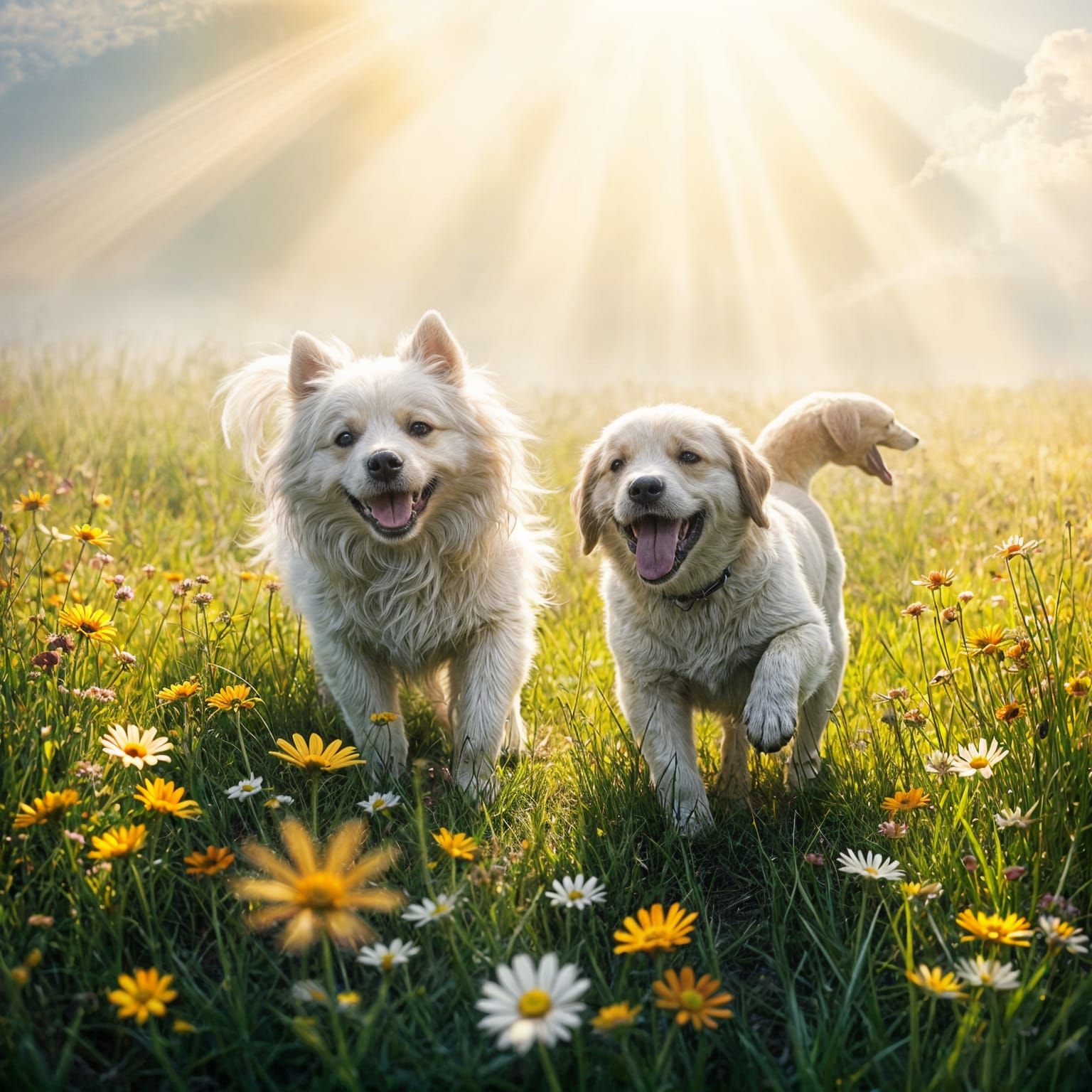 Joyful Dogs at Play in a Heavenly Glow