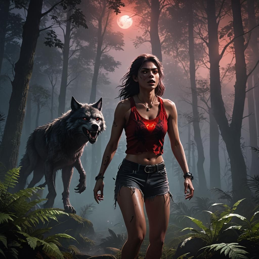 Teenage Werewolf Girl in Misty Forest, Digital Art