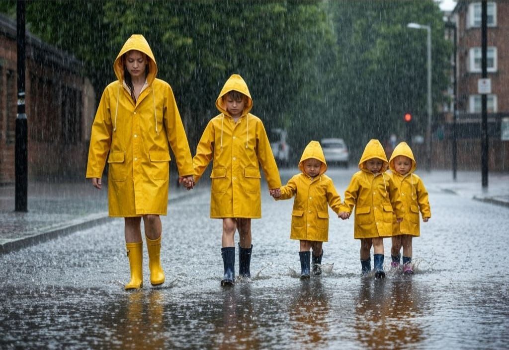 A young woman in a yellow raincoat and yellow rubber boots, ...