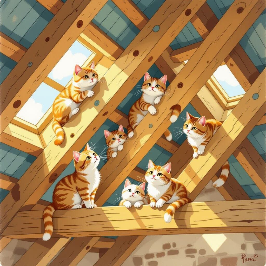 Whimsical Cats Among Wooden Rafters in Storybook Style