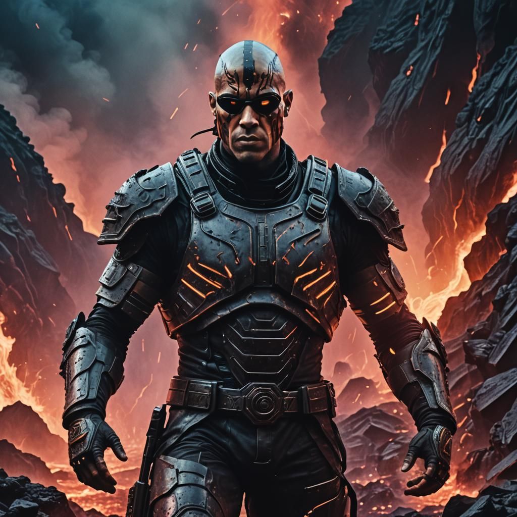 Riddick in Retro-Futuristic 80s Sci-Fi Style