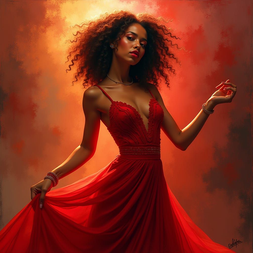 Vibrant Woman Dancing in Red Dress with Braids and Earrings