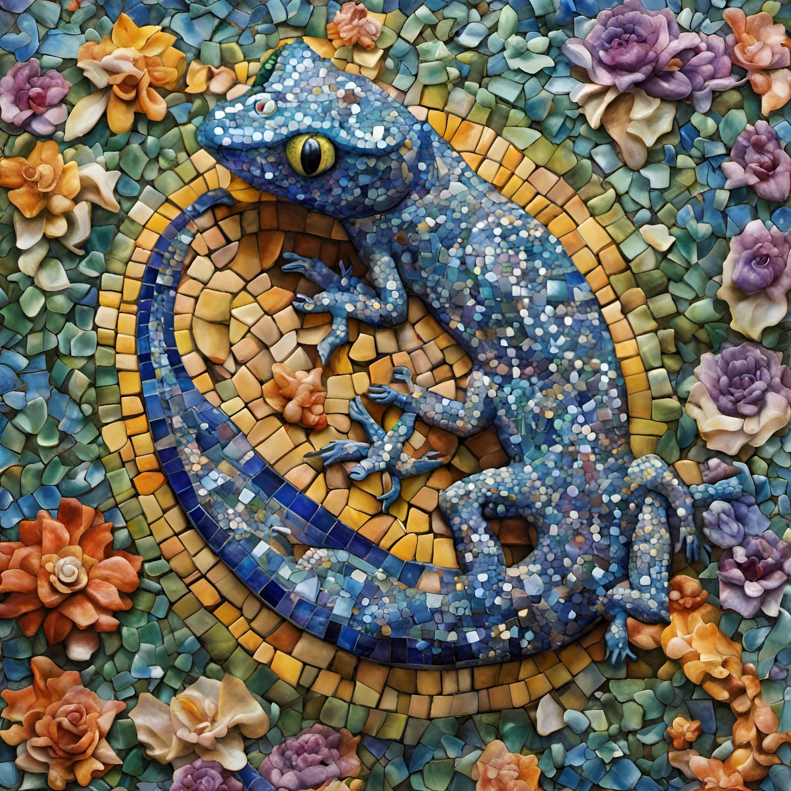 A tiled mosaic with perfectly sized tiles of all the same size ,made with maximal detail, of intricately detailed, multi...