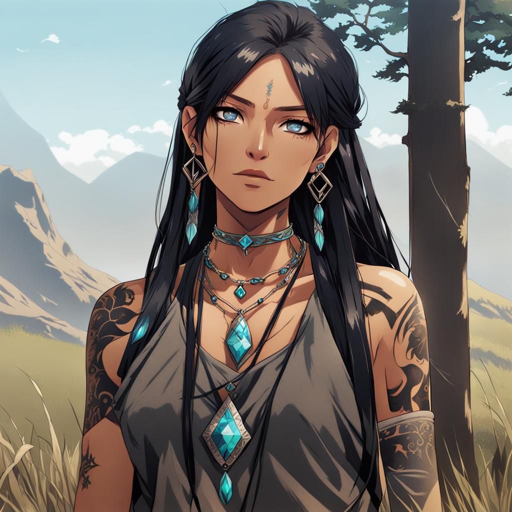 Native American Woman Portrait in Anime Style