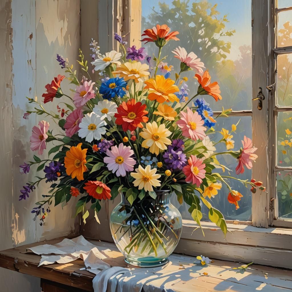 colorful flowers on a windowsill
