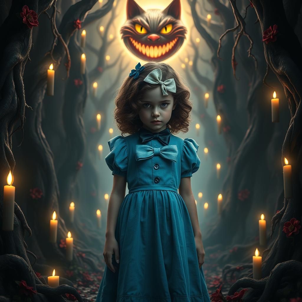 Girl in Labyrinth with Cheshire Cat in Dark Fantasy Style