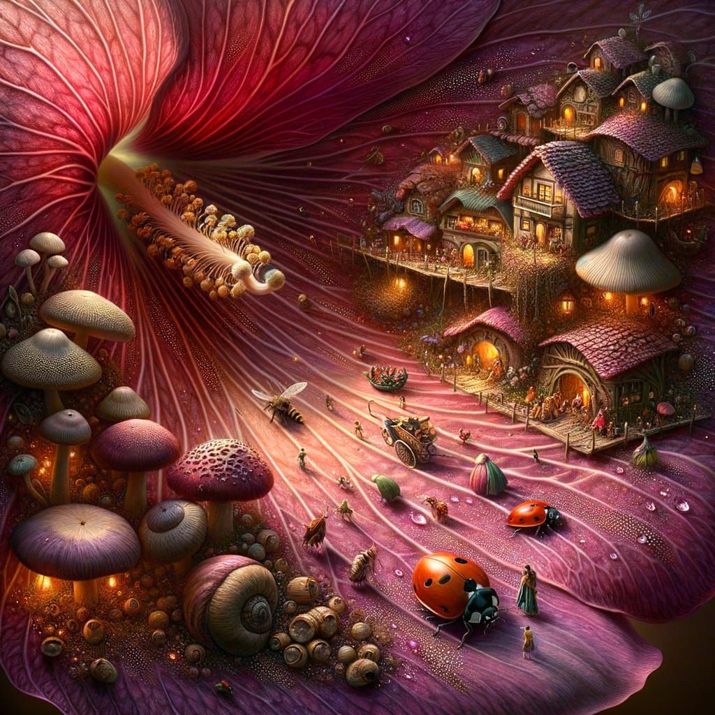 Enchanted Miniature Village on a Magenta Flower