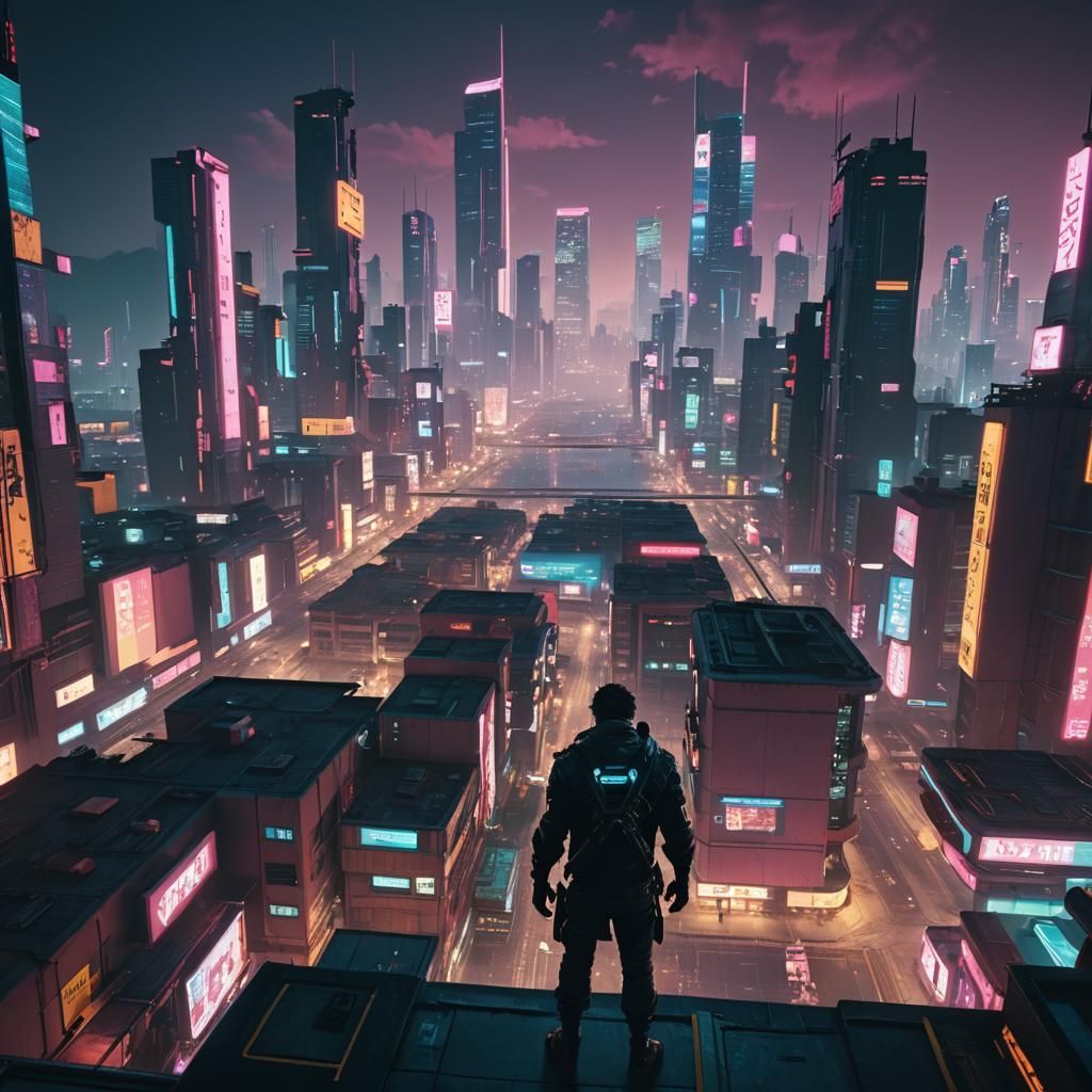 Cyberpunk Cityscape with Helmeted Figure in Film Still