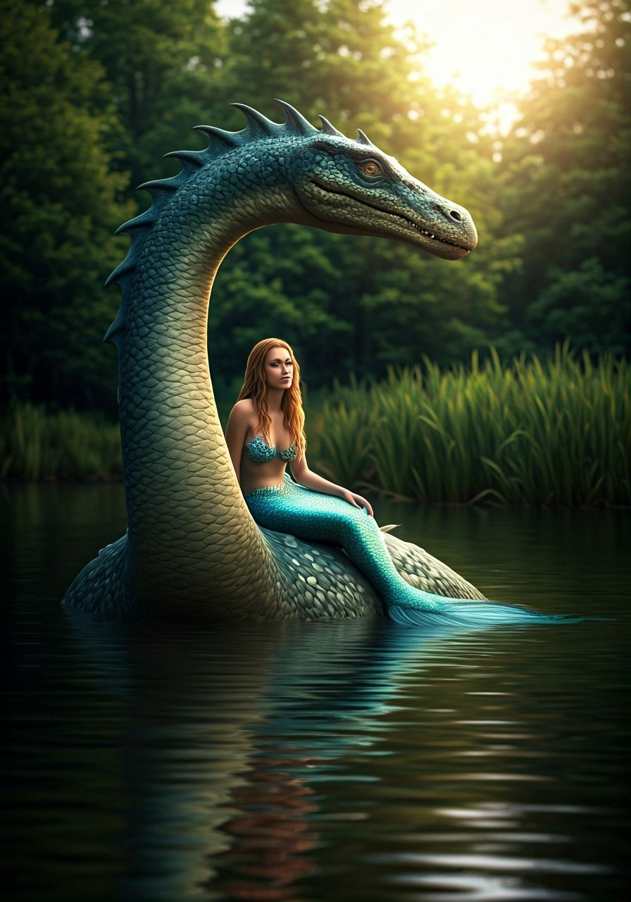 Mermaid and Loch Ness Monster in Sunlight