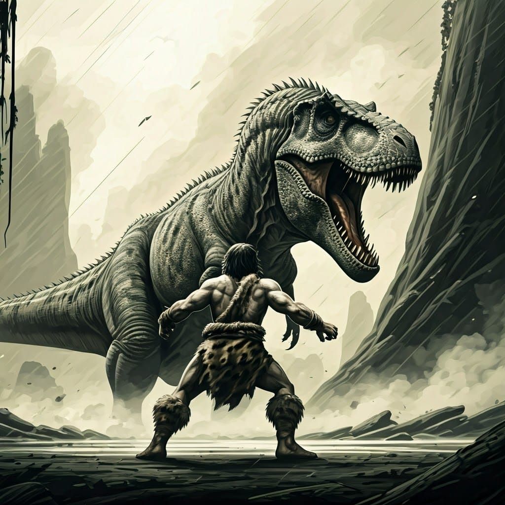 Ancient Warrior Battles Majestic T-Rex in Primitive Black an...
