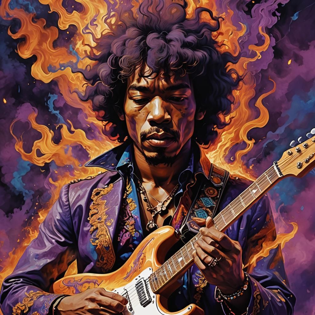 Psychedelic Guitarist Portrait in Surreal Oil Painting Style