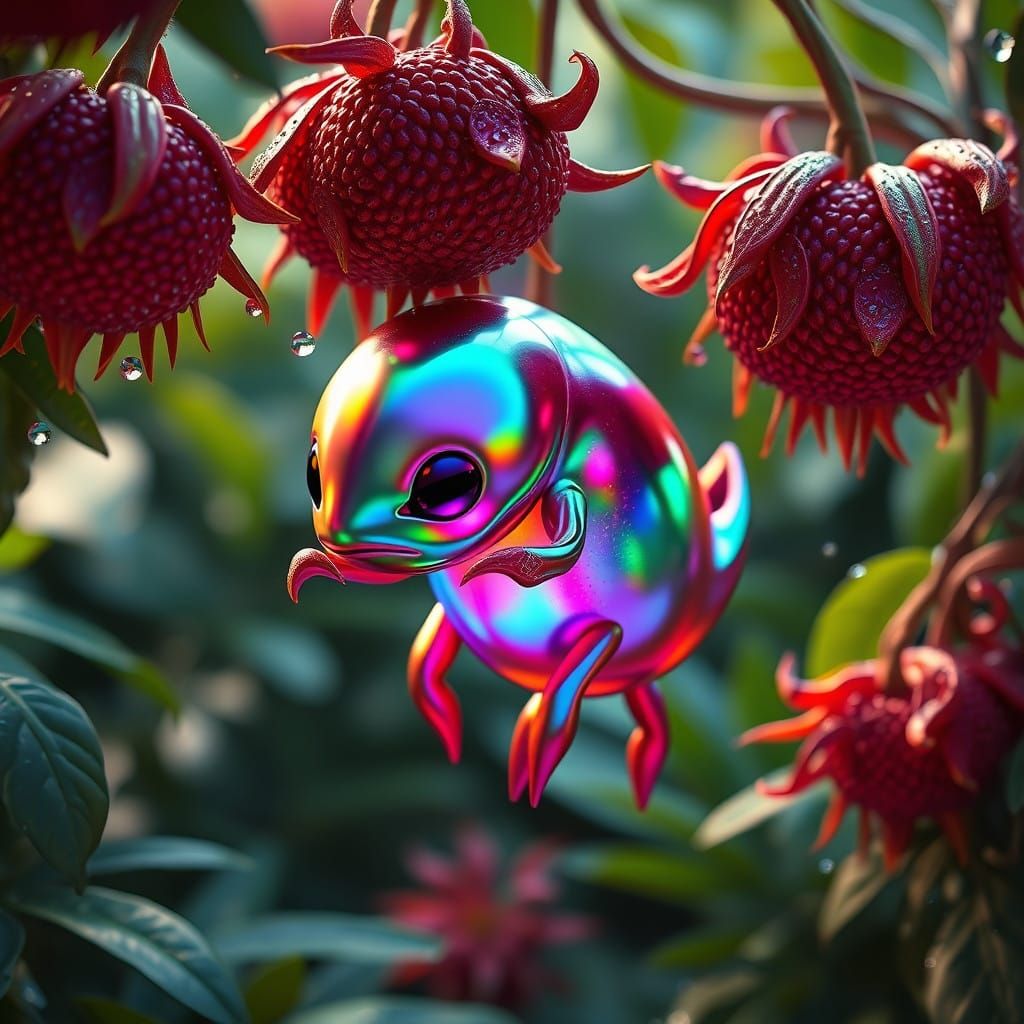 Whimsical Rambutan Creature in Hyperrealistic Fantasy Art