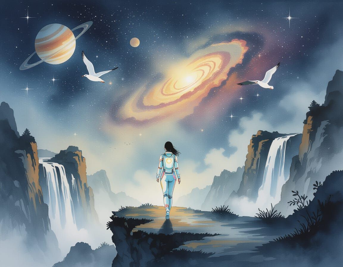 Woman in Spacesuit on Cliffside Path: Chinese Ink Painting