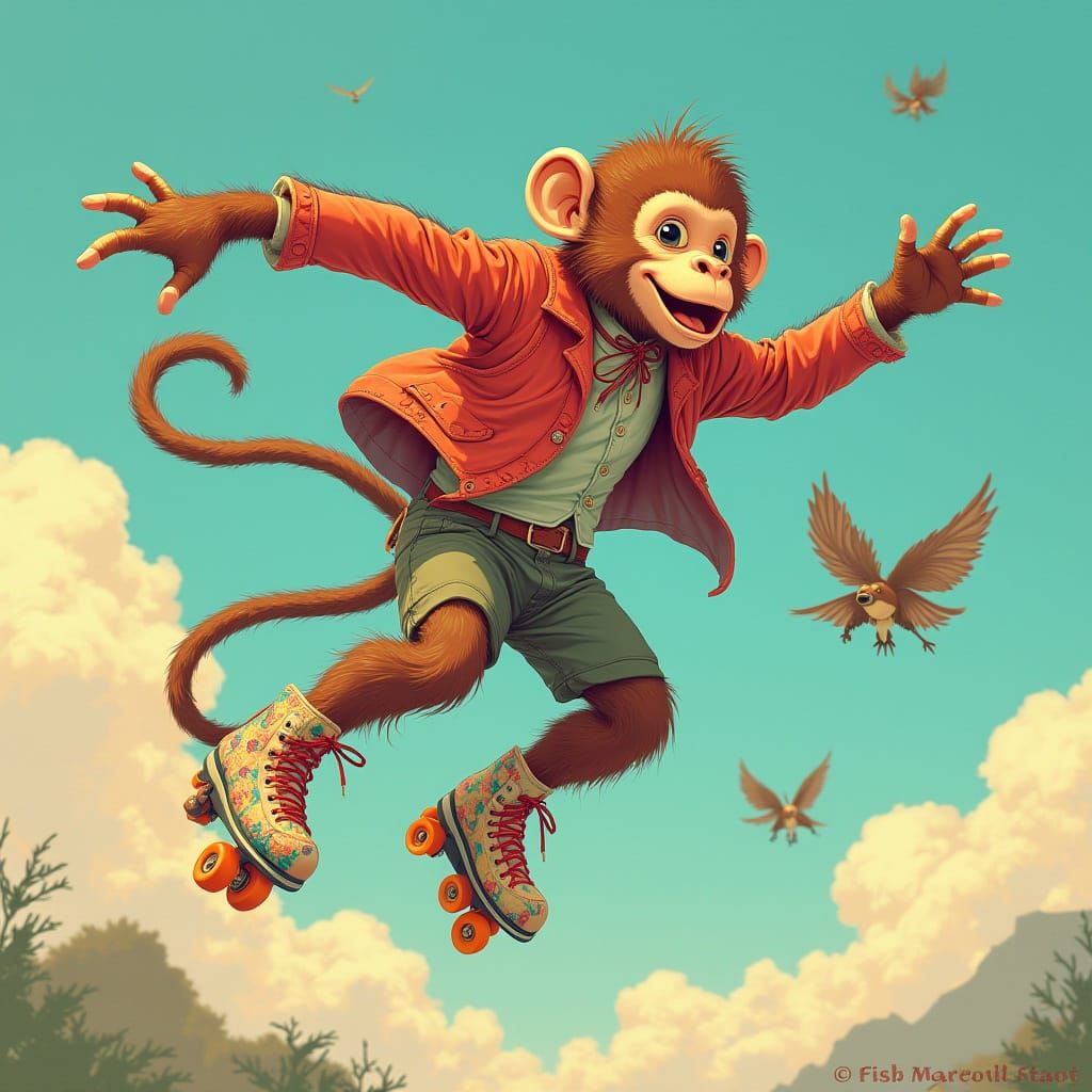 Flying Monkey on Roller Skates in Whimsical Style