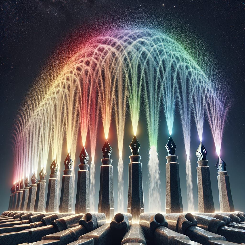 Rainbow Fountain Pens at Night in Hyper-Realistic Style