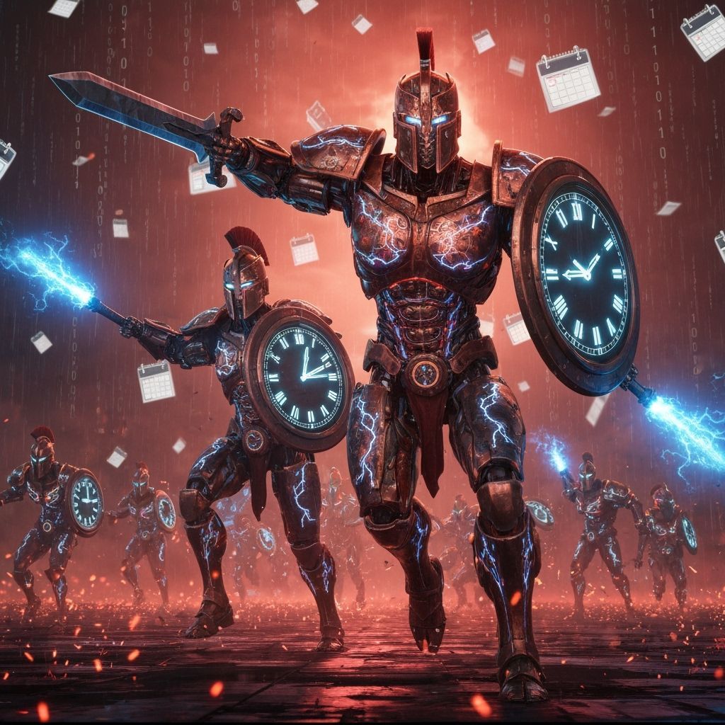 Cybernetic Sparta Warriors Charge on Metallic Battlefield