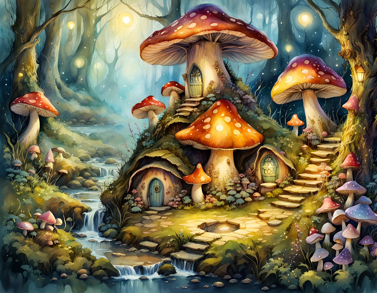 Enchanting Fairy Village in Watercolor Style