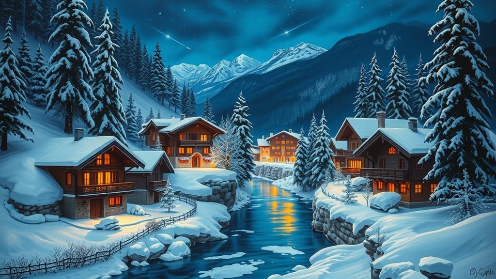 Swiss Alps Village at Night Oil Painting