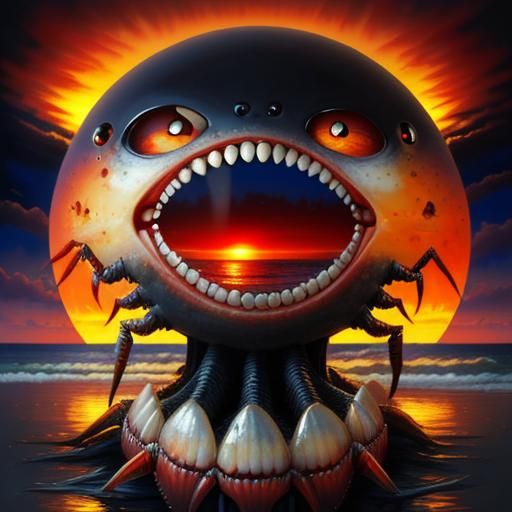 Surreal Sunset with Giant Teeth in Pre-Raphaelite Style