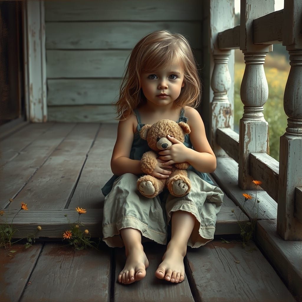 Poignant Girl with Teddy Bear as Oil Painting