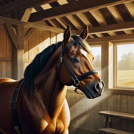 Horse in Barn: Warm Oil Painting in Rustic Style