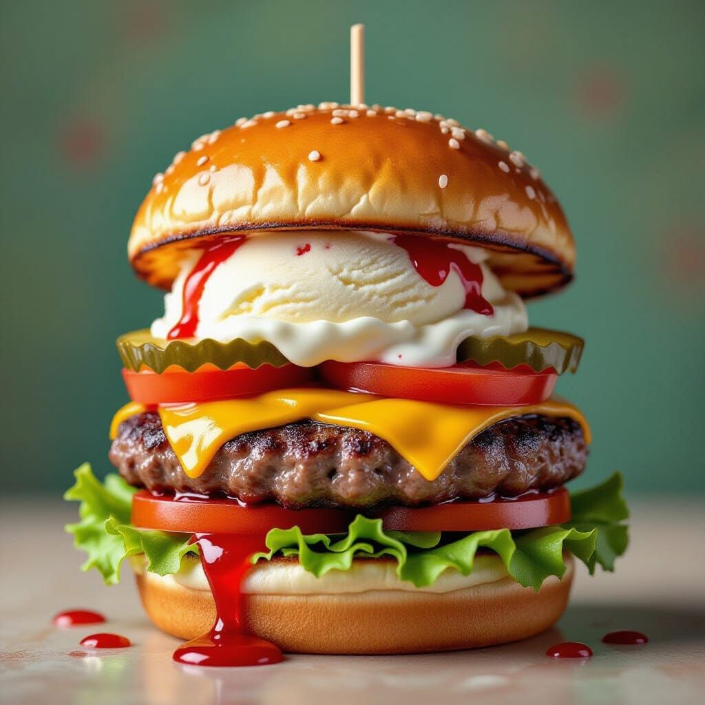 Bloody Mary Ice Cream Burger in Whimsical Style