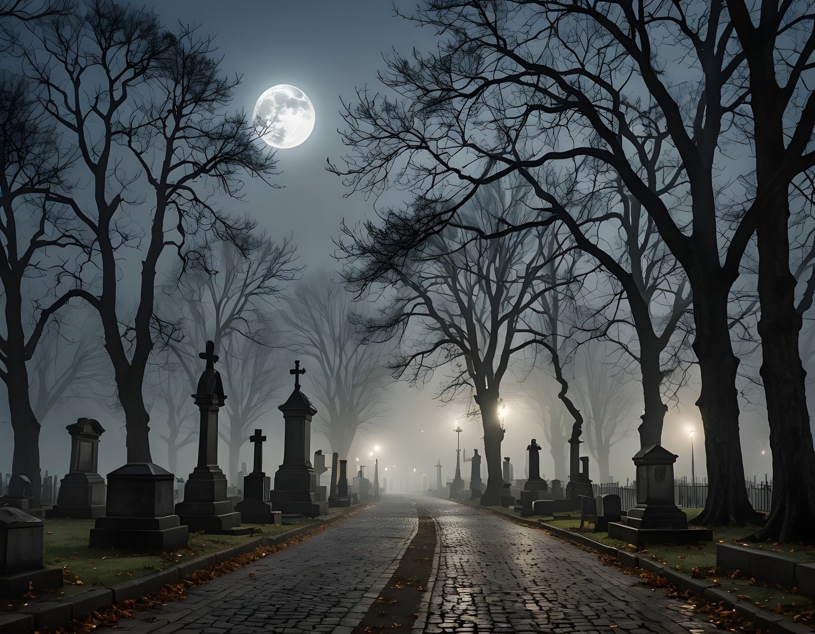 Moonlit European Cemetery Lane