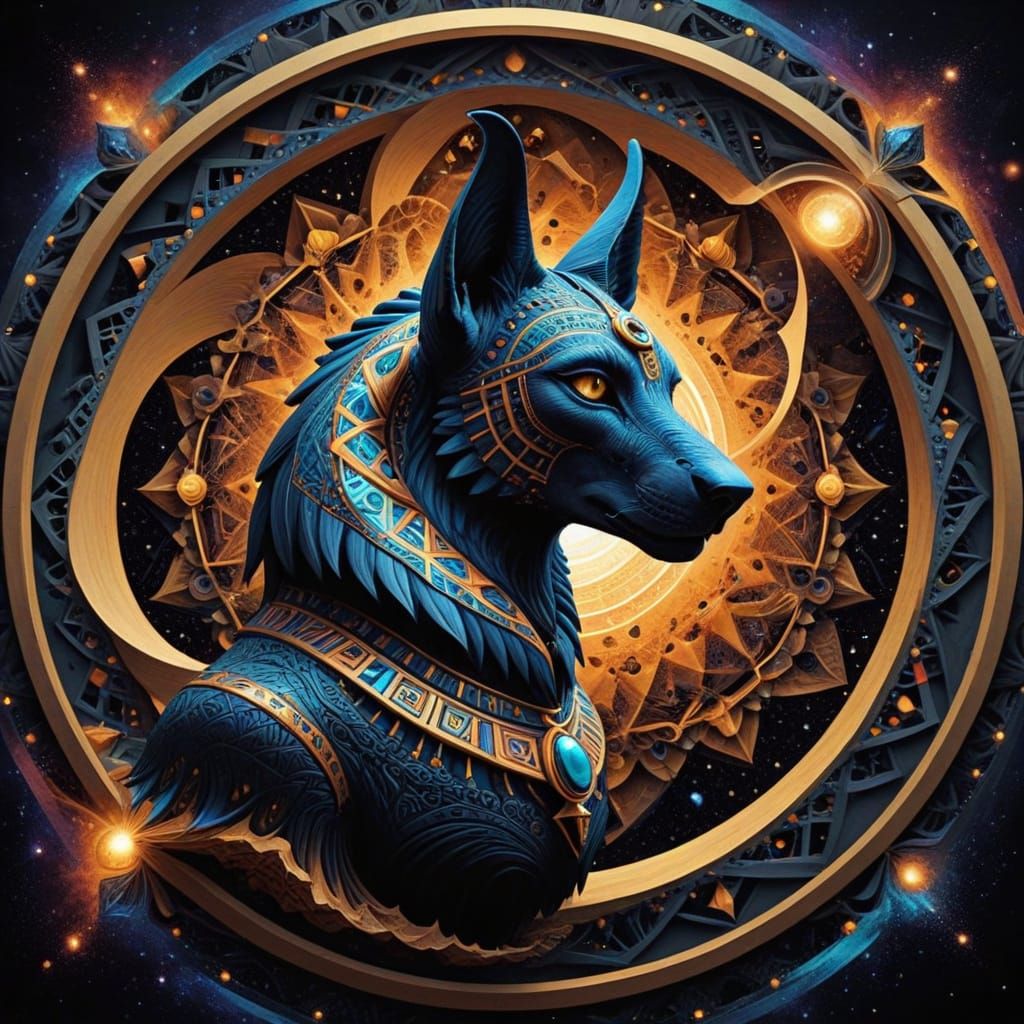 Ethereal Anubis Amidst Pyramid Fractals and Cosmic Vortex