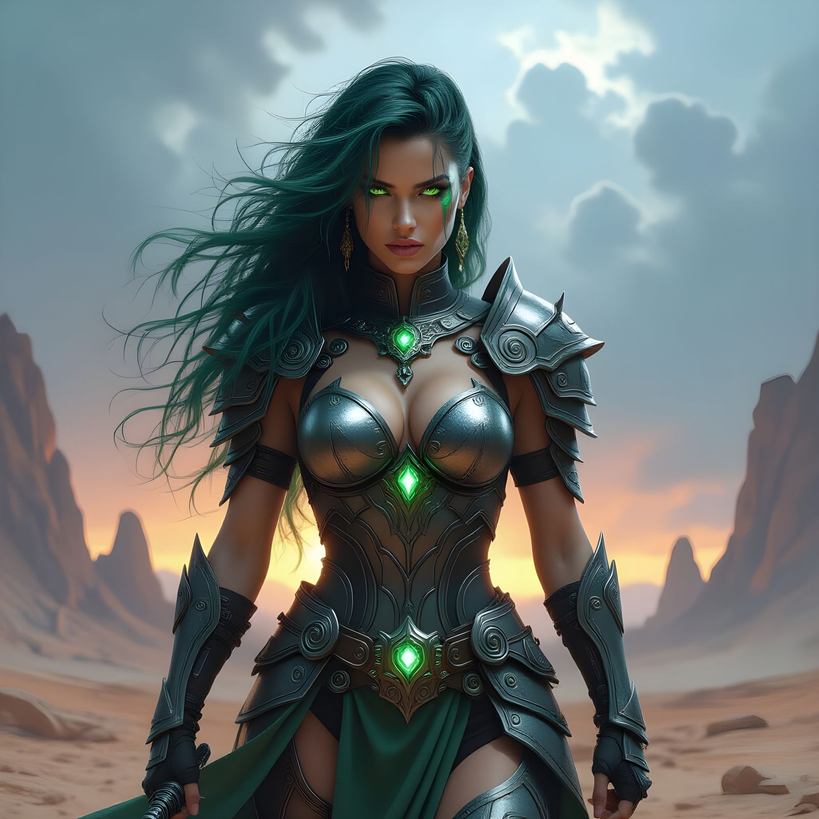 Green Haired Warrior Woman in Arcane Chrome Armor