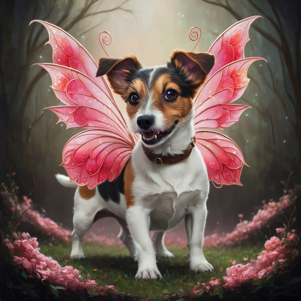 A jack russell dog with rose mystic fairy wings