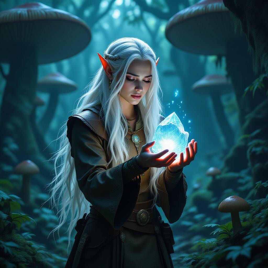 Frightened Elf in Mushroom Forest with Crystal