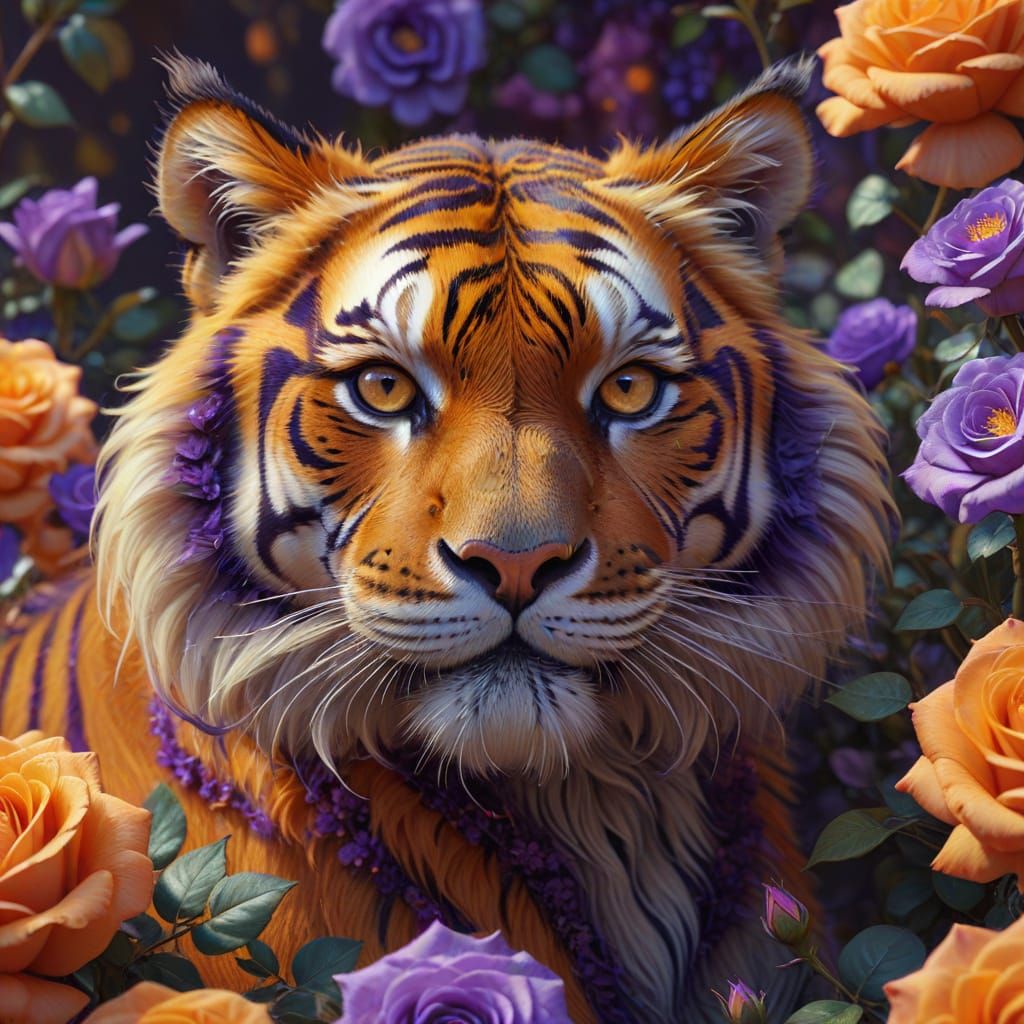 Fluffy Orange Tiger Hiding in Brindle Roses