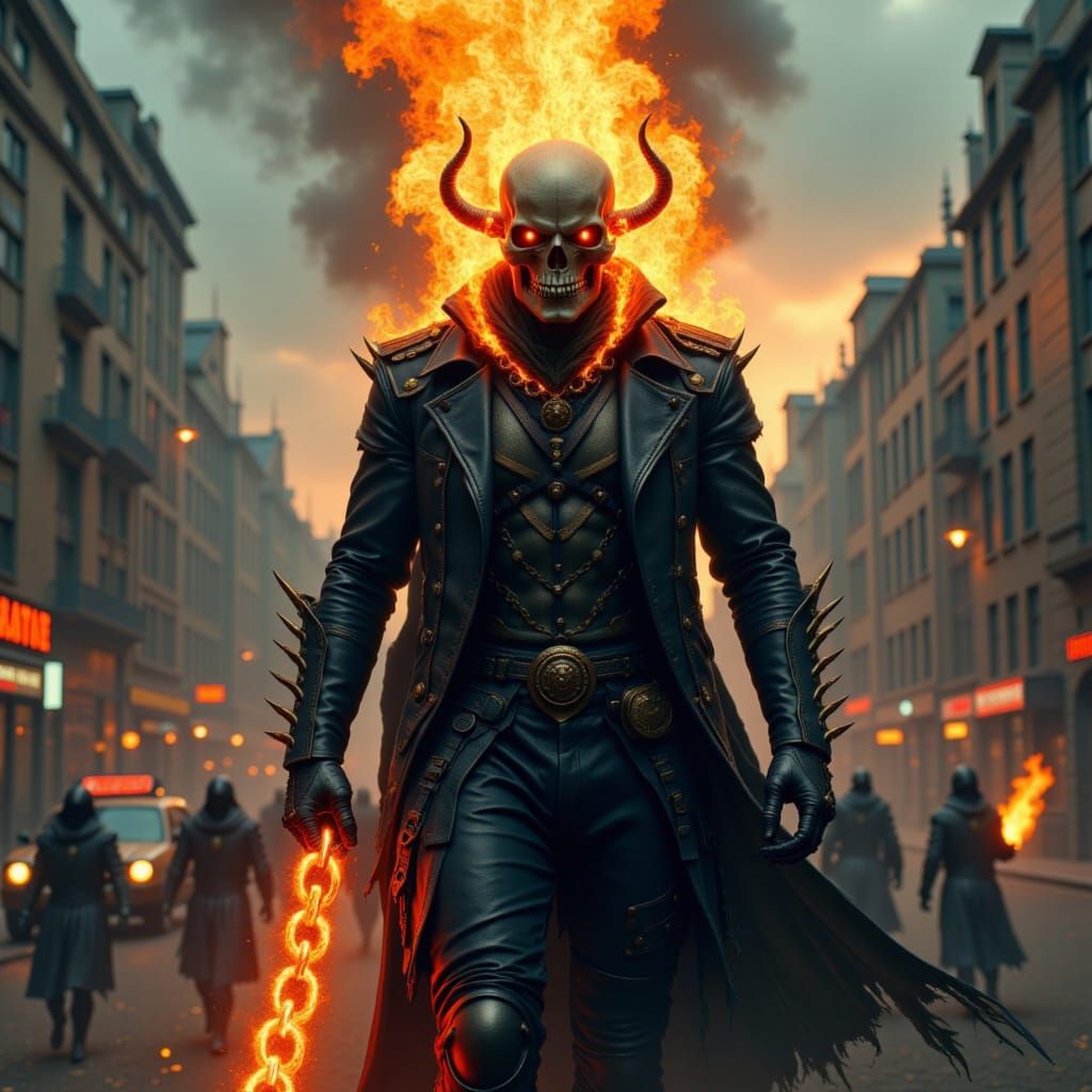 Flaming Skull Soldier in Cyberpunk Cityscape