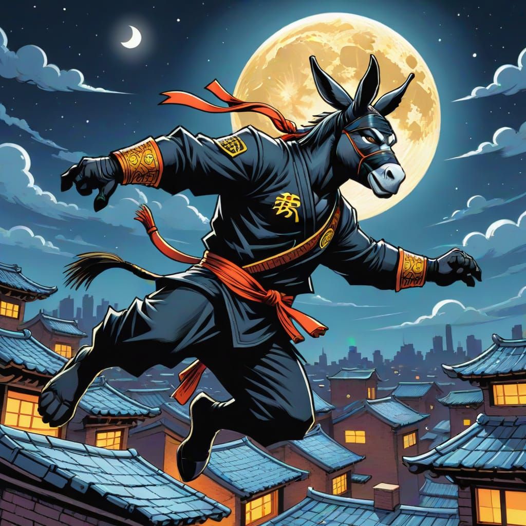 Cartoon Ninja Donkey Leaps Across Moonlit Rooftops