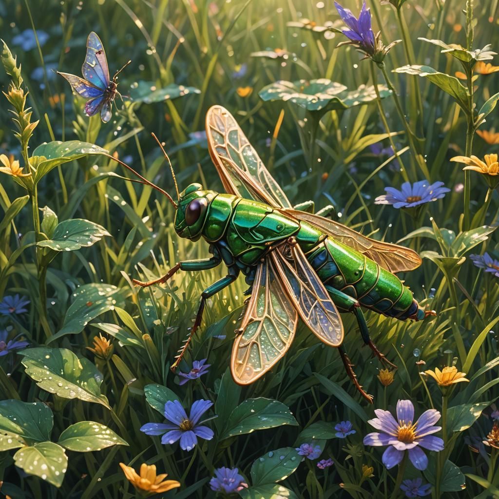 Grasshopper in Lush Meadow: Watercolor Concept Art