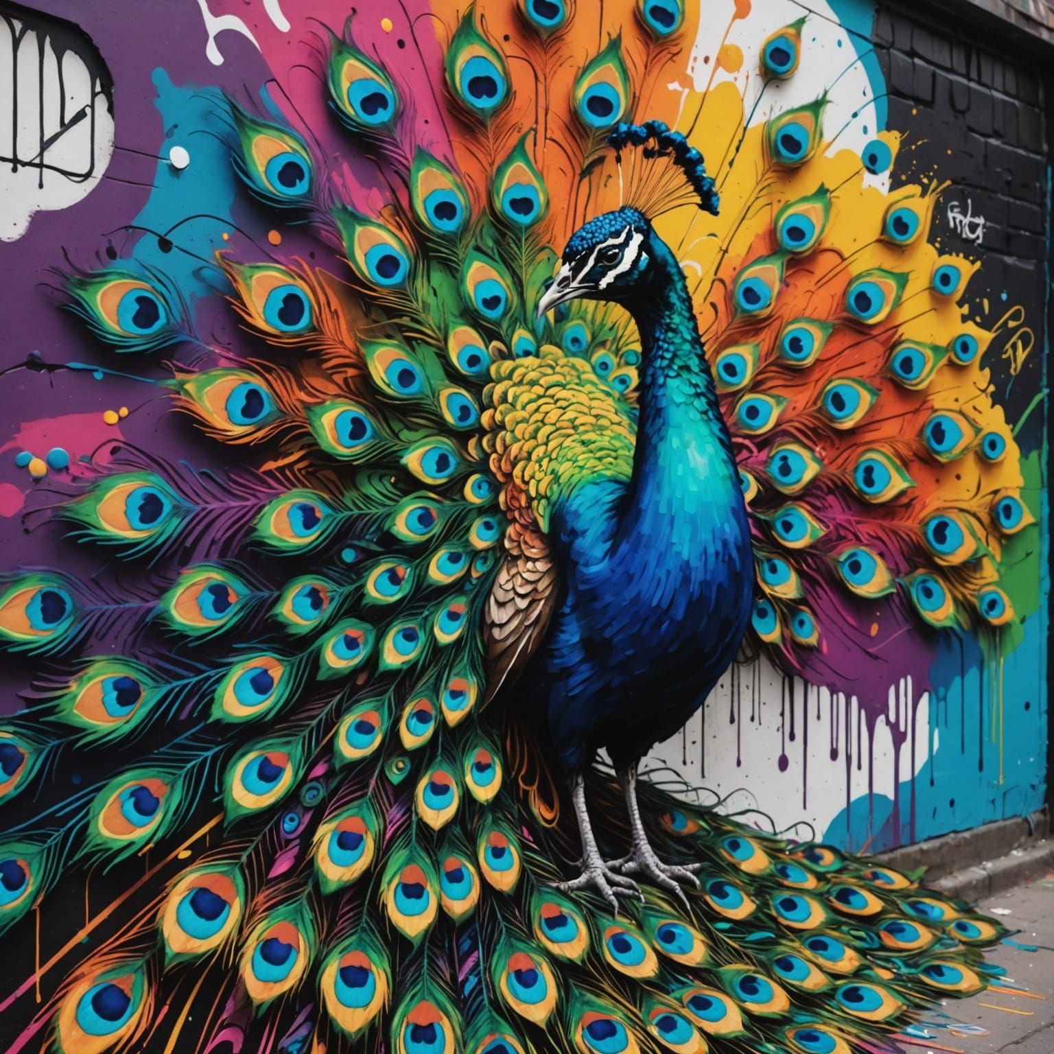 Vibrant Rainbow Peacock in Graffiti Street Art Style