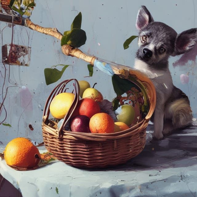 Still life painting of fruit basket with a cute puppy