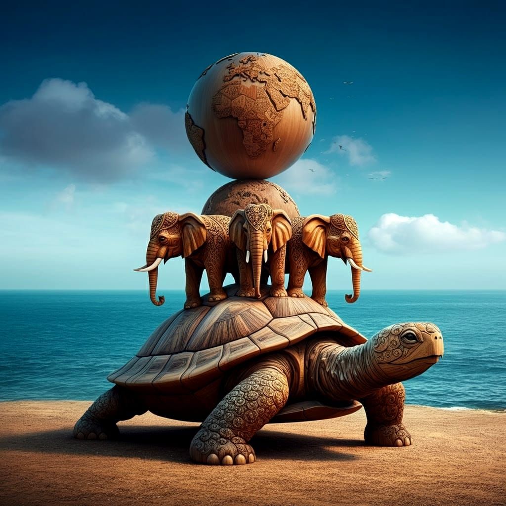 Elaborate Wood Sculpture of World Turtle