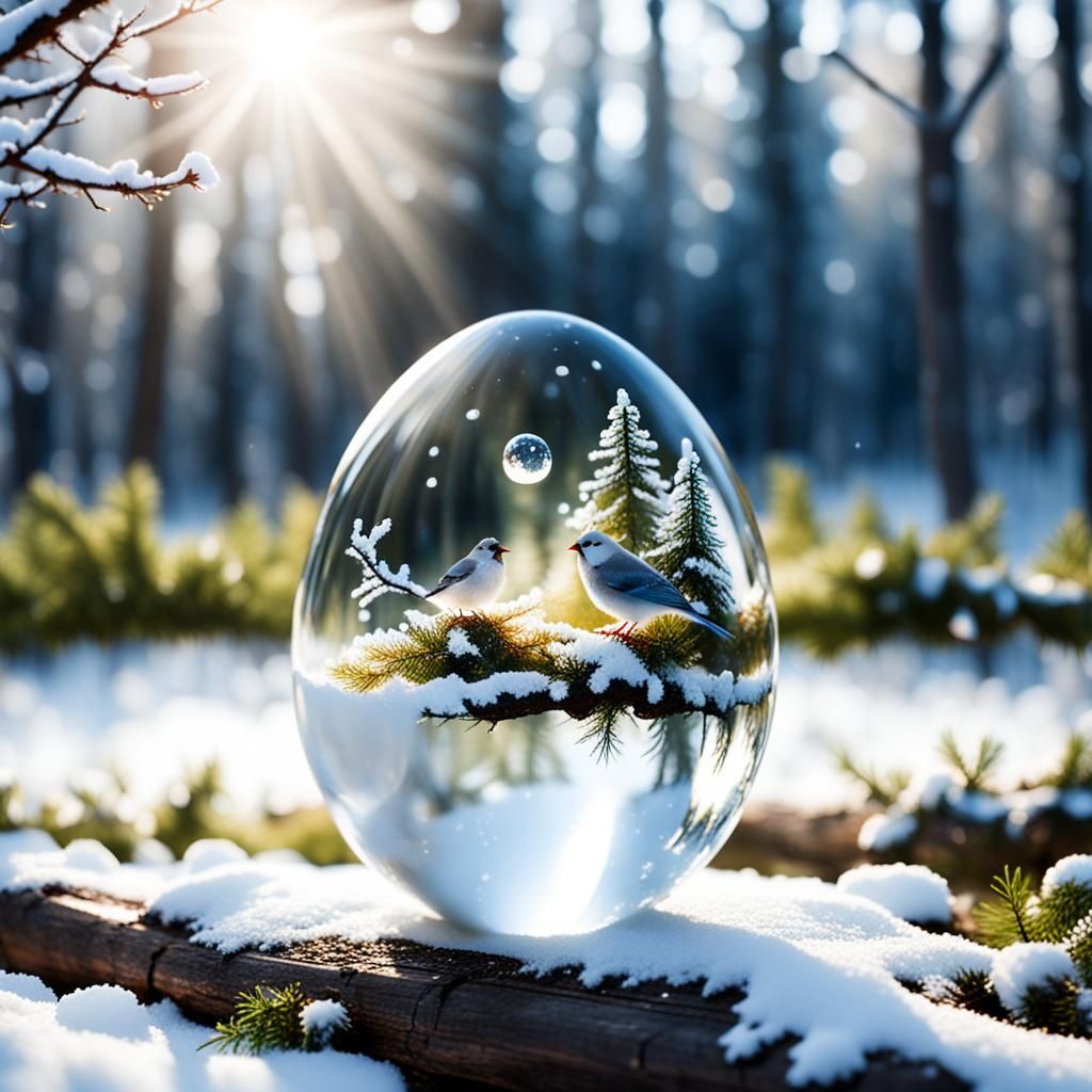 Crystal Egg with White Bird in Snowy Forest