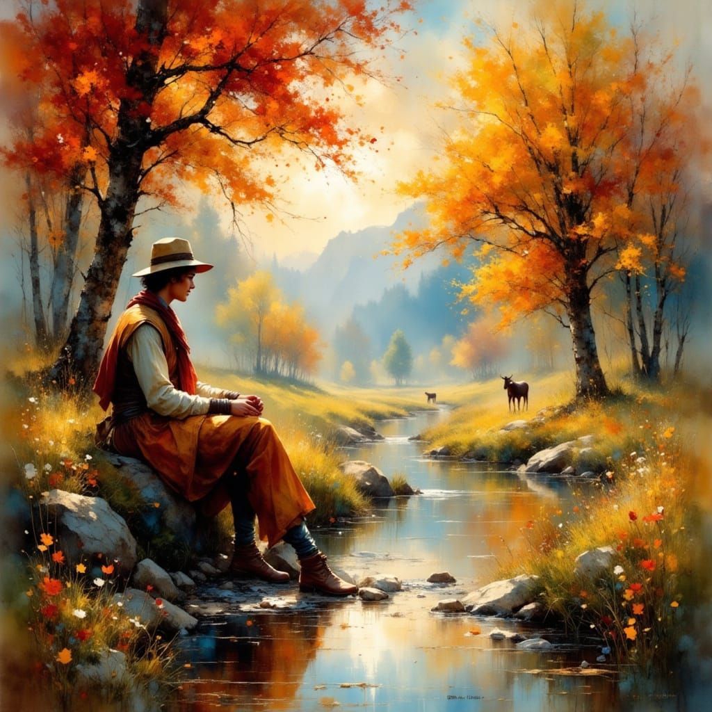 Medieval Traveler in Magical Autumn Landscape