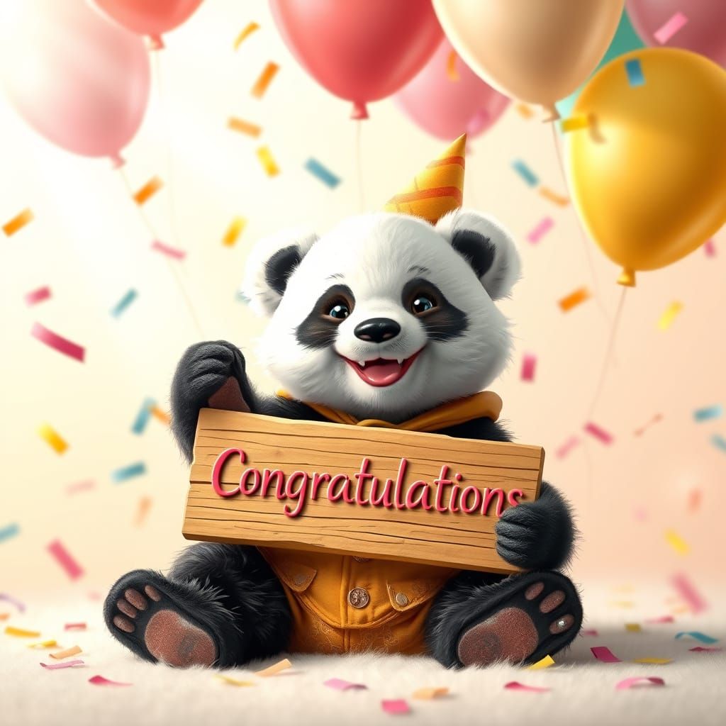 Panda Cub Celebrates with Balloons and Confetti