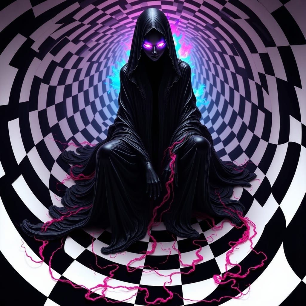 Eerie Dark Entity with Neon Fire Eyes in Cyberpunk Style