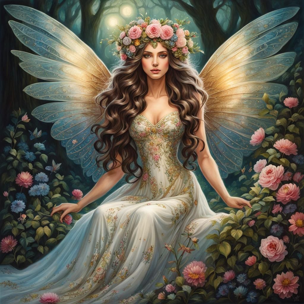 Goddess Fairy in Enchanted Woods, Ink Painting