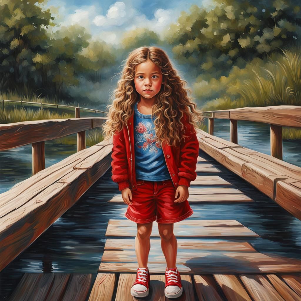 Hyperrealistic Oil Painting of Girl on Bridge
